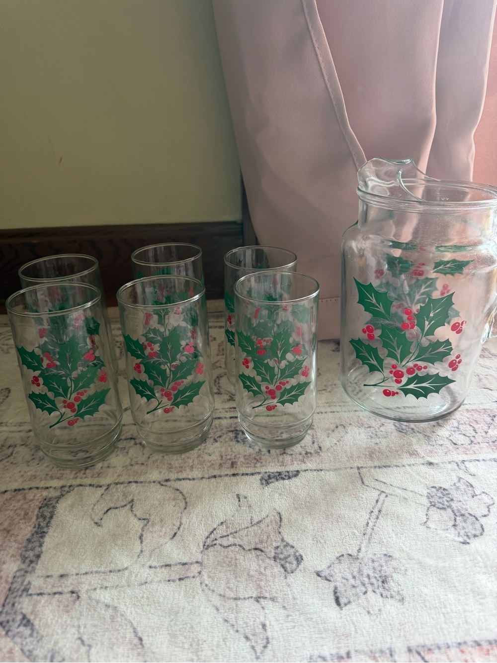 Holiday Holly Glass Pitcher and Tumbler Set - Clear with Green & Red